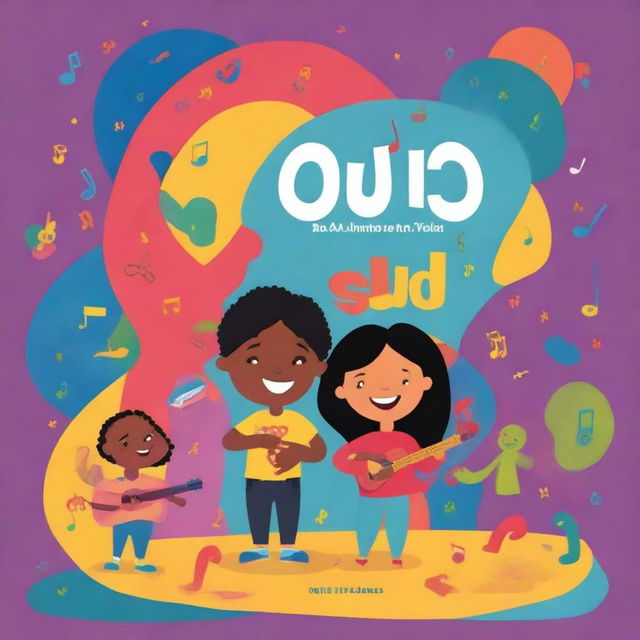 Create a children's book cover that is colorful and vibrant, featuring children interacting with musical notes and lyrics