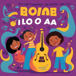 Create a children's book cover that is colorful and vibrant, featuring children interacting with musical notes and lyrics