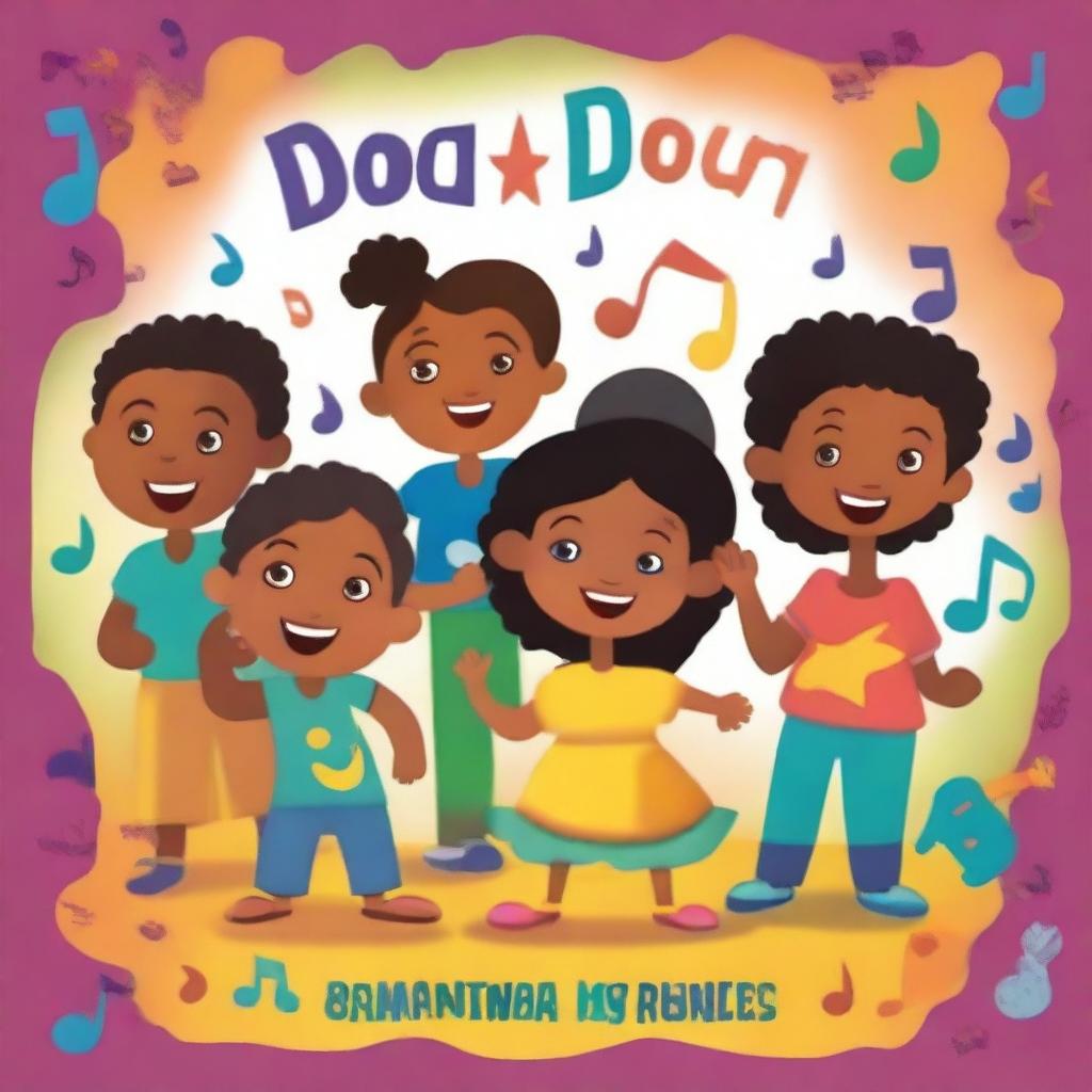 Create a children's book cover that is colorful and vibrant, featuring a diverse group of children interacting with musical notes and lyrics