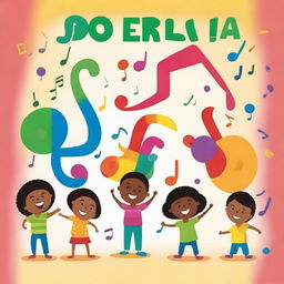 Create a children's book cover that is colorful and vibrant, featuring a diverse group of children interacting with musical notes and lyrics