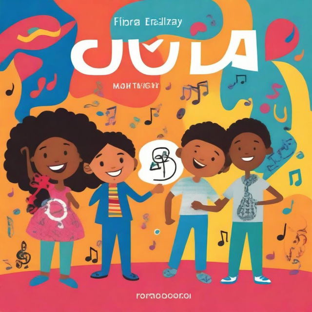 Create a children's book cover that is colorful and vibrant, featuring a diverse group of children interacting with musical notes and lyrics