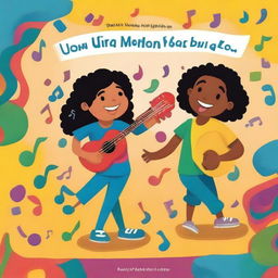 Create a children's book cover that is colorful and vibrant, featuring a diverse group of children interacting with musical notes and lyrics