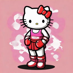 Create an image of Hello Kitty dressed in a Muay Thai outfit, complete with traditional Thai boxing gloves and shorts