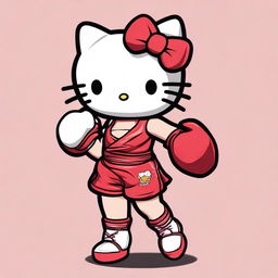 Create an image of Hello Kitty dressed in a Muay Thai outfit, complete with traditional Thai boxing gloves and shorts