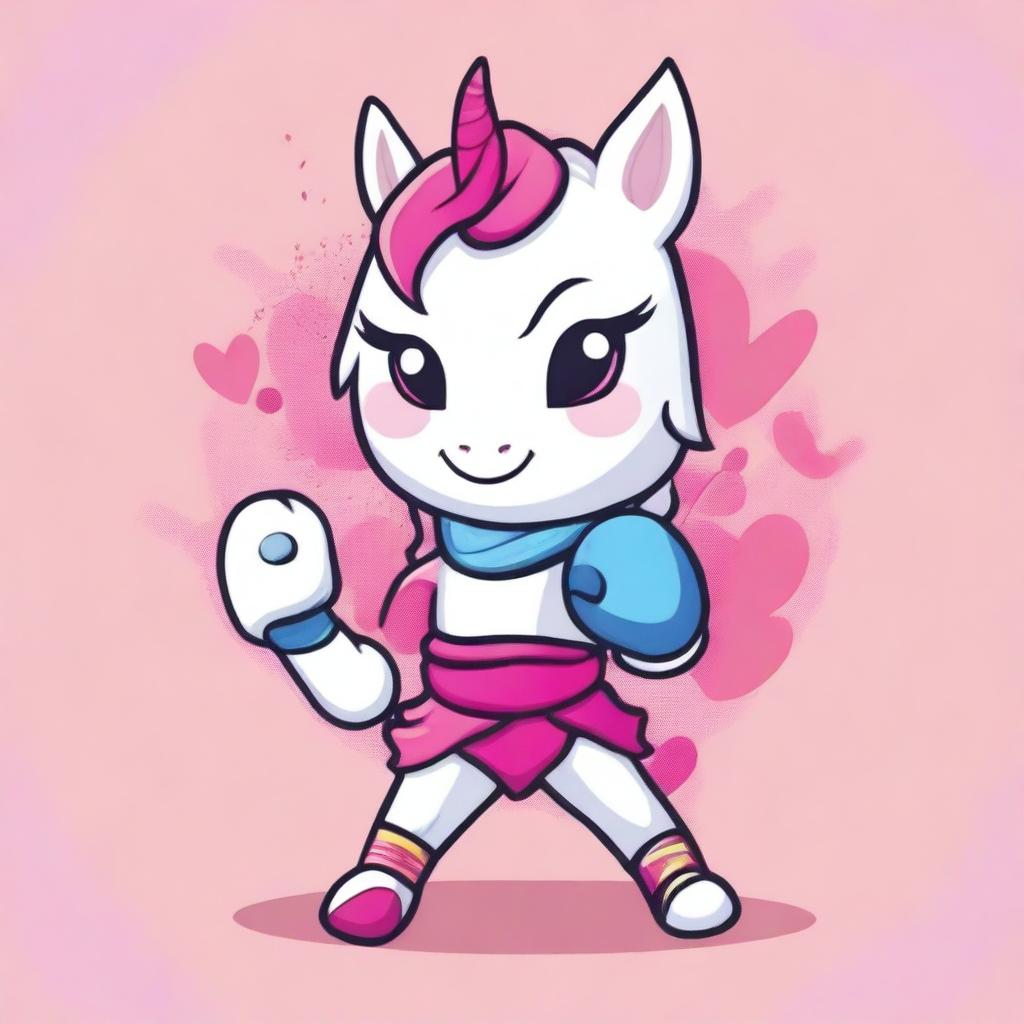 Create an image of a kawaii unicorn dressed in a Muay Thai outfit, complete with traditional Thai boxing gloves and shorts