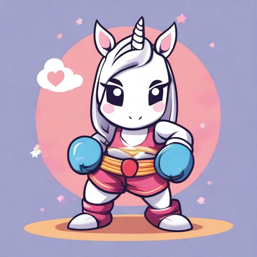 Create an image of a kawaii unicorn dressed in a Muay Thai outfit, complete with traditional Thai boxing gloves and shorts