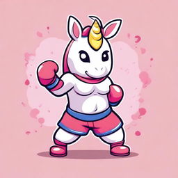 Create an image of a kawaii unicorn dressed in a Muay Thai outfit, complete with traditional Thai boxing gloves and shorts