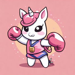 Create an image of a kawaii unicorn dressed in a Muay Thai outfit, complete with traditional Thai boxing gloves and shorts