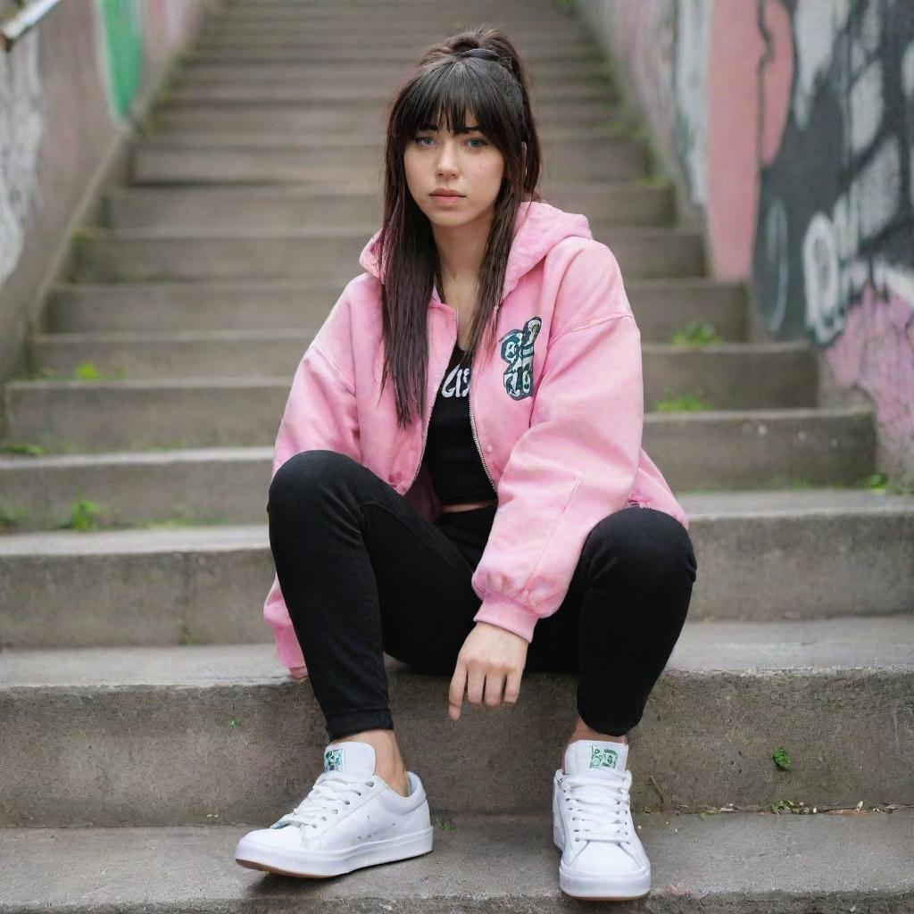 casual photograpy medium body, hip hop style clothes pink and black jacket, sneakers, female , 23 year old with green eyes and black long hai with withe streaks in the bangs .,freckles, selfo, graffiti background stairs, medium distance shot, 4k hd,  --styerw--v 5.2 ar 2-3