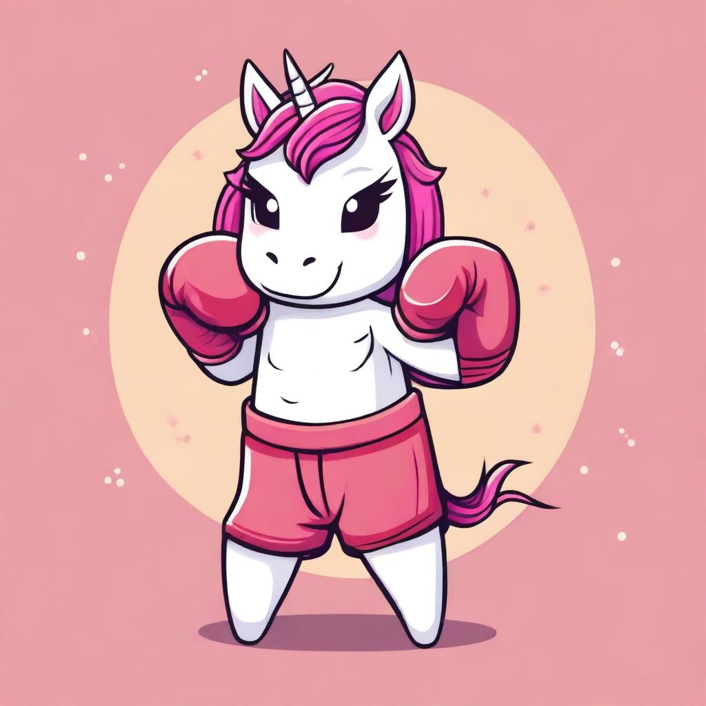 Create an image of a kawaii unicorn dressed in a Muay Thai outfit, complete with traditional Thai boxing gloves and shorts