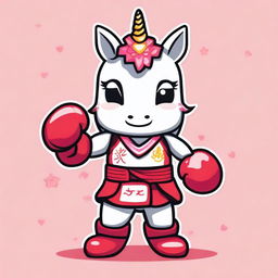 Create an image of a kawaii unicorn dressed in a Muay Thai outfit, complete with traditional Thai boxing gloves and shorts