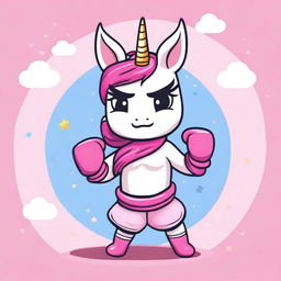 Create an image of a kawaii unicorn dressed in a Muay Thai outfit, complete with traditional Thai boxing gloves and shorts