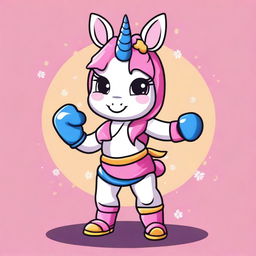 Create an image of a kawaii unicorn dressed in a Muay Thai outfit, complete with traditional Thai boxing gloves and shorts