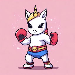 Create an image of a kawaii unicorn dressed in a Muay Thai outfit, complete with traditional Thai boxing gloves and shorts