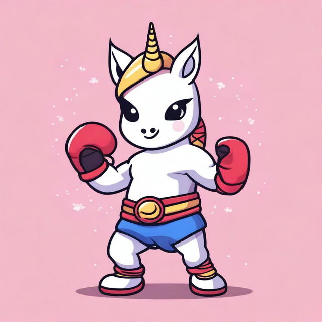 Create an image of a kawaii unicorn dressed in a Muay Thai outfit, complete with traditional Thai boxing gloves and shorts