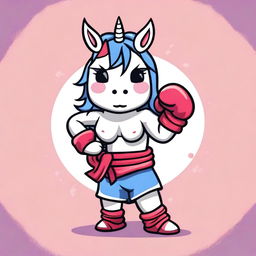 Create an image of a kawaii unicorn dressed in a Muay Thai outfit, complete with traditional Thai boxing gloves and shorts