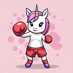 Create an image of a kawaii unicorn dressed in a Muay Thai outfit, complete with traditional Thai boxing gloves and shorts