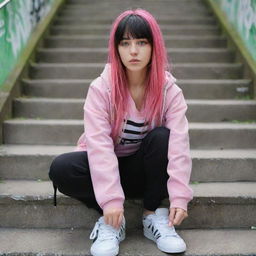 casual photograpy medium body, hip hop style clothes pink and black jacket, sneakers, female , 23 year old with green eyes and black long hai with withe streaks in the bangs .,freckles, selfo, graffiti background stairs, medium distance shot, 4k hd,  --styerw--v 5.2 ar 2-3