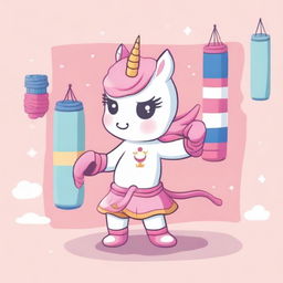 A cute, kawaii-style unicorn practicing Muay Thai