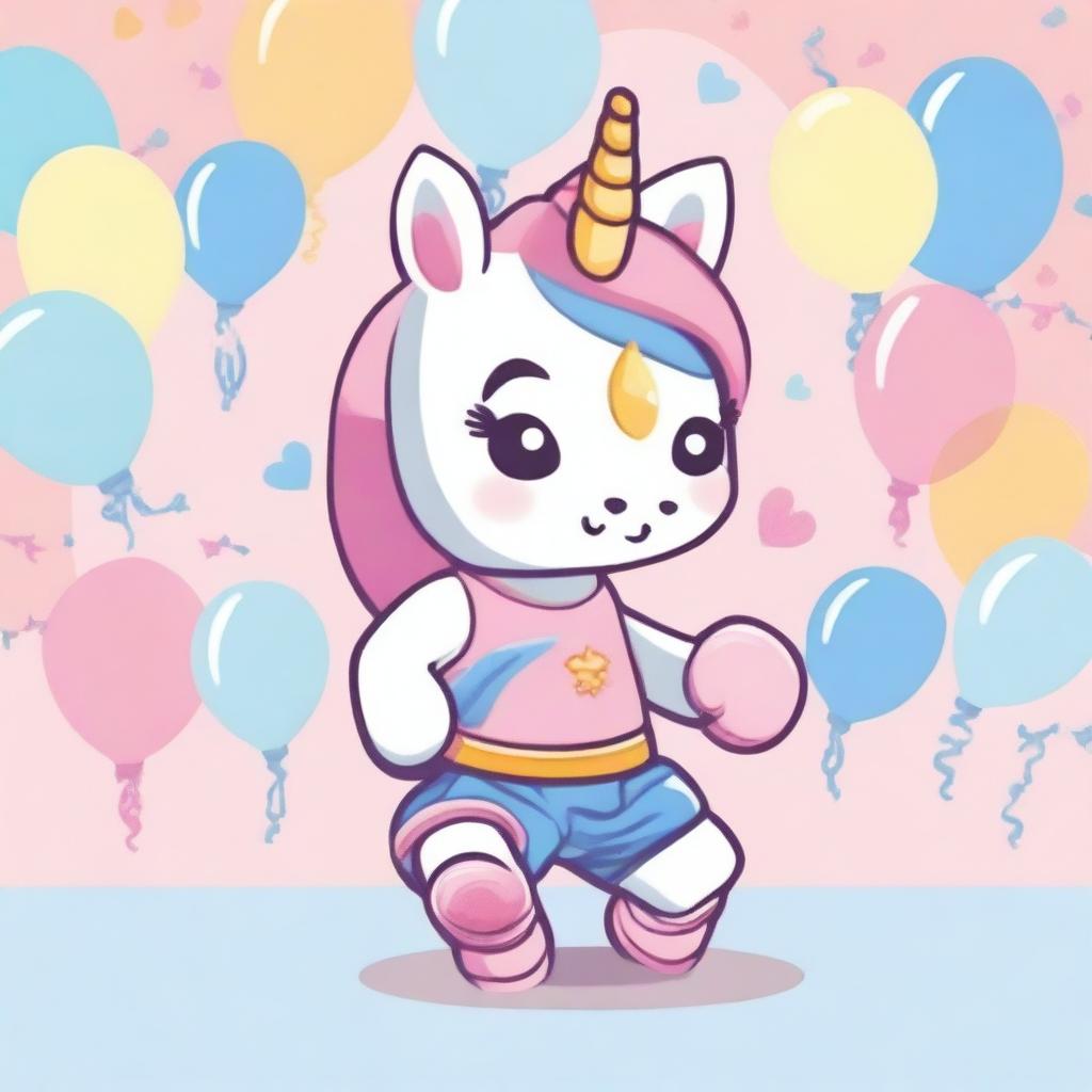 A cute, kawaii-style unicorn practicing Muay Thai