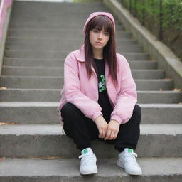 casual photograpy medium body, hip hop style clothes pink and black jacket, sneakers, female , 23 year old with green eyes and black long hai with withe streaks in the bangs .,freckles, selfo, graffiti background stairs, medium distance shot, 4k hd,  --styerw--v 5.2 ar 2-3