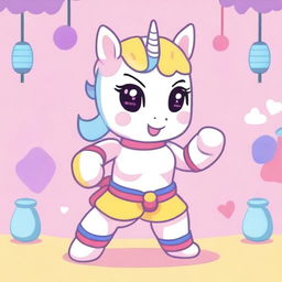 A cute, kawaii-style unicorn practicing Muay Thai