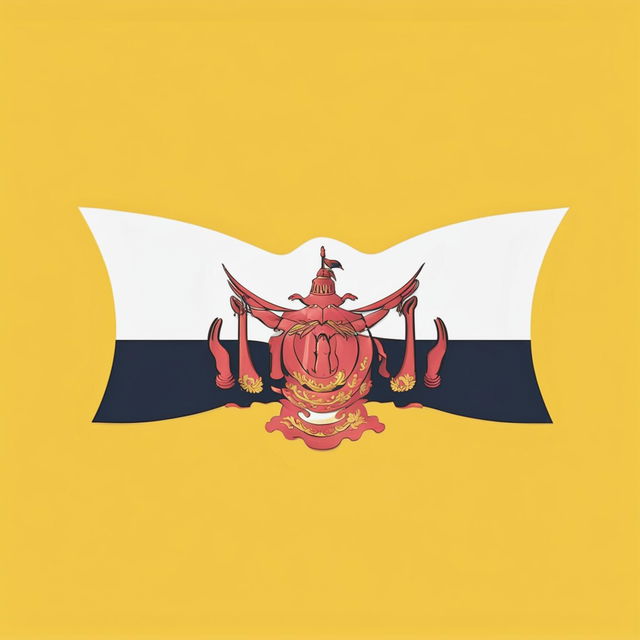 Create a high-resolution image of the Brunei Darussalam flag with a yellow field, white and black diagonal stripes, and a red crest in the center