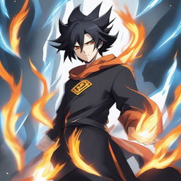 A character standing in the center with jet black hair and deep orange eyes