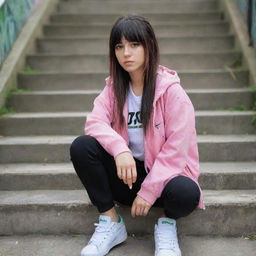 casual photograpy medium body, hip hop style clothes pink and black jacket, sneakers, female , 23 year old with green eyes and black long hai with withe streaks in the bangs .,freckles, selfo, graffiti background stairs, medium distance shot, 4k hd,  --styerw--v 5.2 ar 2-3