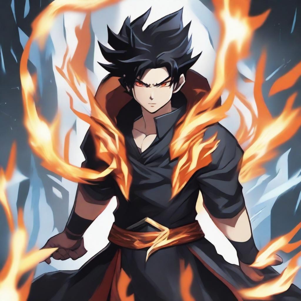 A character standing in the center with jet black hair and deep orange eyes