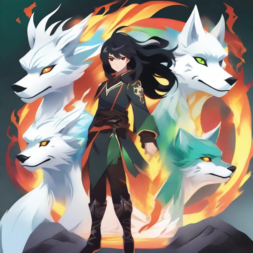 A character standing in the center with jet black hair and deep orange eyes