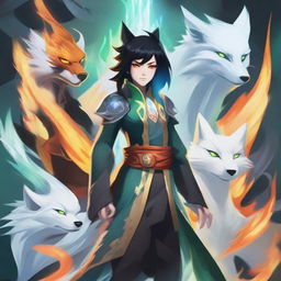 A character standing in the center with jet black hair and deep orange eyes