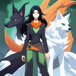 A character standing in the center with jet black hair and deep orange eyes