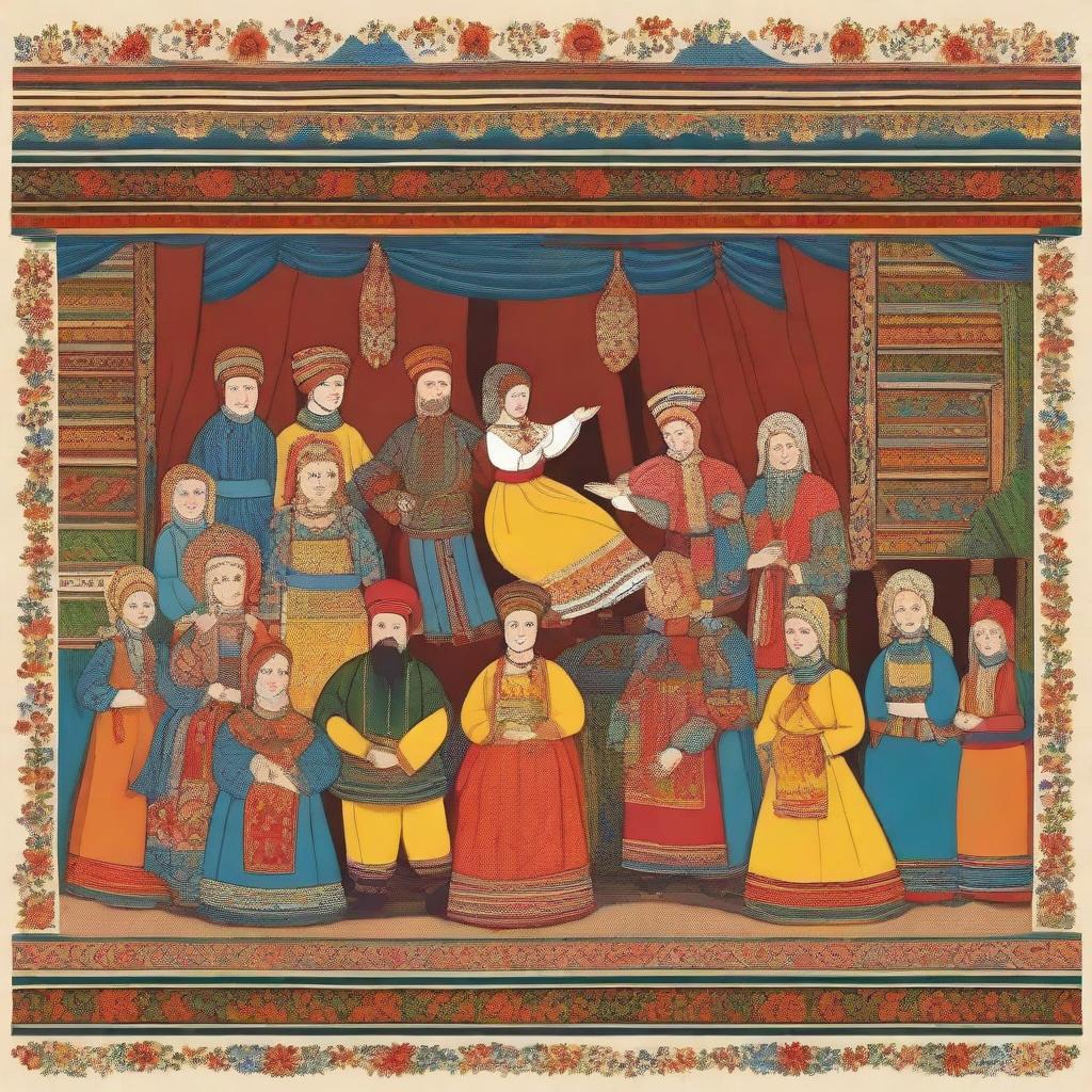 An illustration of a traditional Russian lubok theater scene, showcasing colorful and detailed characters in folk costumes, performing on a rustic stage with a vibrant backdrop