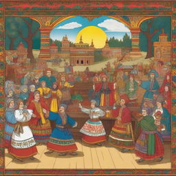 An illustration of a traditional Russian lubok theater scene, showcasing colorful and detailed characters in folk costumes, performing on a rustic stage with a vibrant backdrop