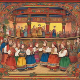 An illustration of a traditional Russian lubok theater scene, showcasing colorful and detailed characters in folk costumes, performing on a rustic stage with a vibrant backdrop