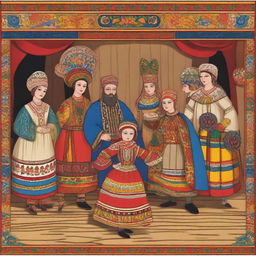 An illustration of a traditional Russian lubok theater scene, showcasing colorful and detailed characters in folk costumes, performing on a rustic stage with a vibrant backdrop