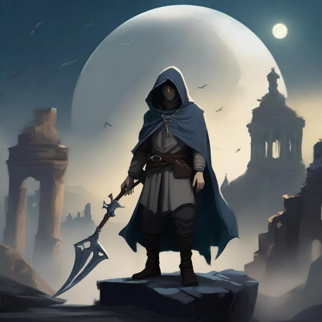 A young man wearing a torn mantle with a hood is holding a scythe