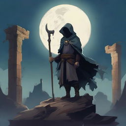 A young man wearing a torn mantle with a hood is holding a scythe