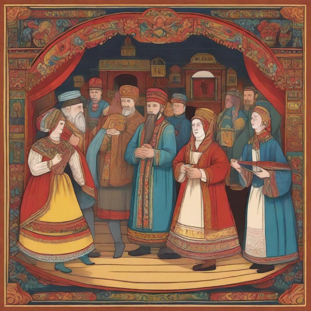 An illustration of a traditional Russian lubok theater scene inspired by Griboyedov's works