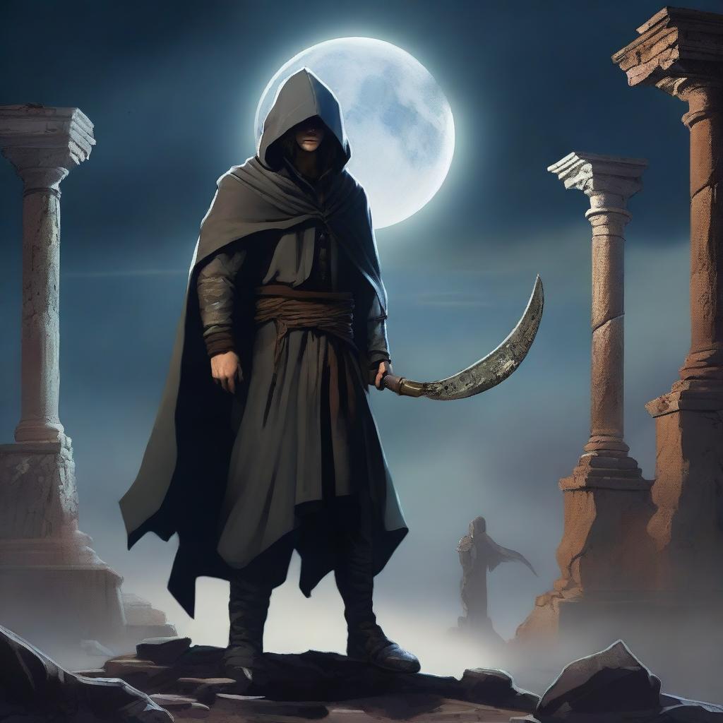 A realistic depiction of a young man wearing a torn mantle with a hood, holding a scythe