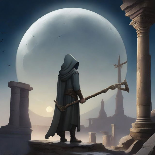 A realistic depiction of a young man wearing a torn mantle with a hood, holding a scythe