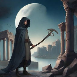 A realistic depiction of a young man wearing a torn mantle with a hood, holding a scythe