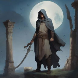 A realistic depiction of a young man wearing a torn mantle with a hood, holding a scythe