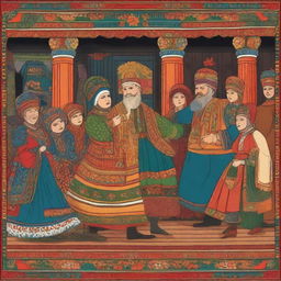 An illustration of a traditional Russian lubok theater scene inspired by Griboyedov's works