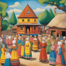 A vibrant scene of a traditional Russian lubok theater performance, showcasing colorful costumes, lively characters, and a festive atmosphere