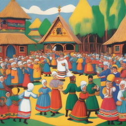 A vibrant scene of a traditional Russian lubok theater performance, showcasing colorful costumes, lively characters, and a festive atmosphere