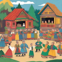 A vibrant scene of a traditional Russian lubok theater performance, showcasing colorful costumes, lively characters, and a festive atmosphere