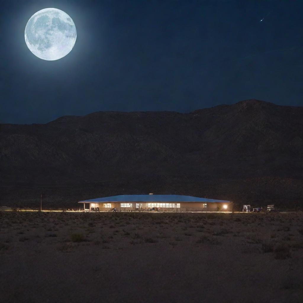 A mysterious and secure desert facility known as Area 51 at night, under a full moon with a UFO hovering above the base.