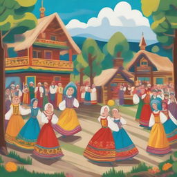 A vibrant scene of a traditional Russian lubok theater performance, showcasing colorful costumes, lively characters, and a festive atmosphere